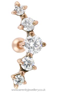 Rose gold plated prong-set five crystal cartilage earring