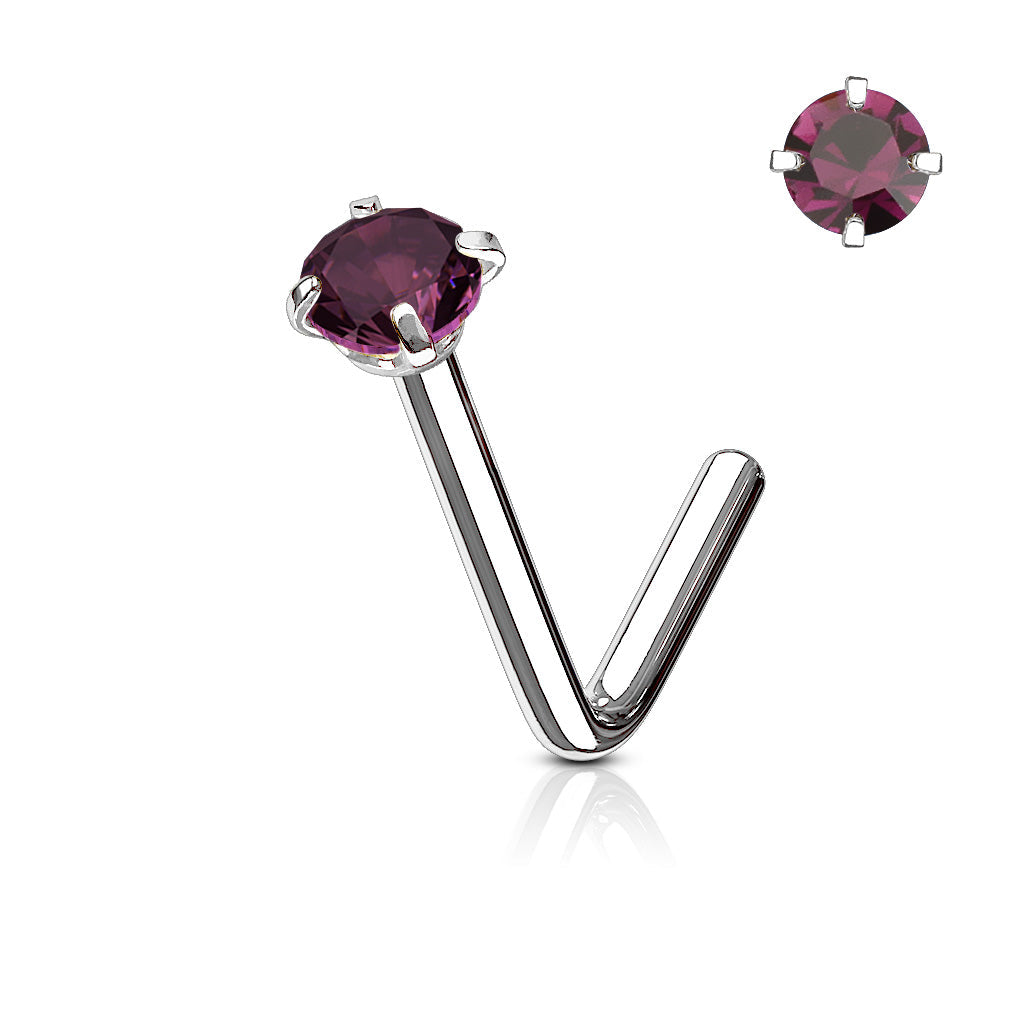 Prong Set CZ L Bend Hypoallergenic Nose Stud