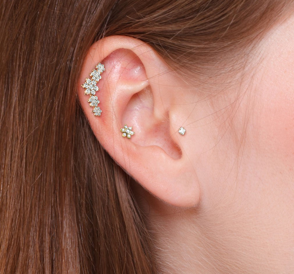 Single Tiered CZ Flower Curve Cartilage Hypoallergenic Stud