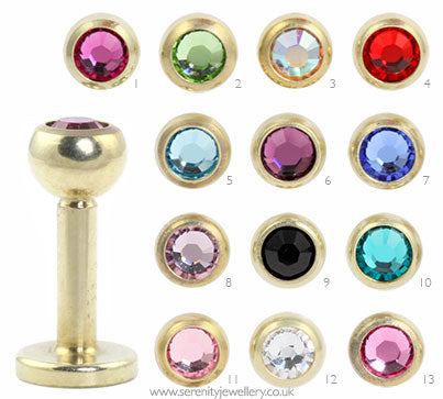 Gold PVD titanium jewelled labret - 1.6mm gauge