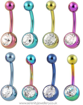 Jewelled anodised titanium belly bar